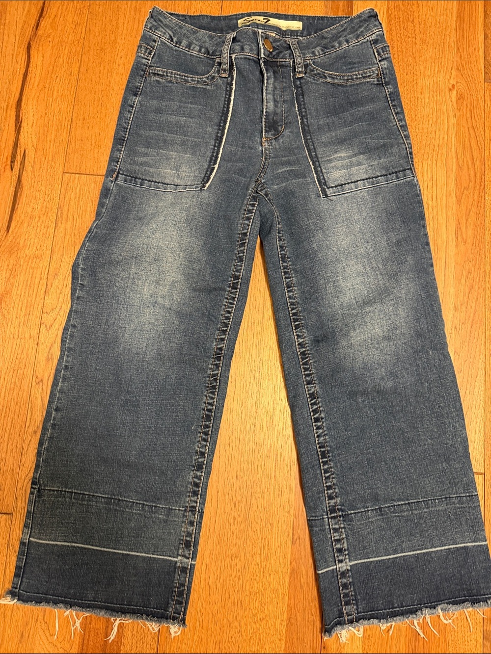 Seven7 High Rise Gaucho Cropped Wide Leg Jeans Size 6 Dark Wash Raw Hem